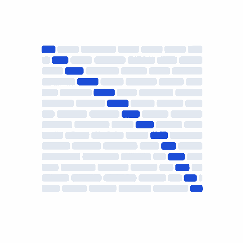 Rows of grey text tokens with a diagonal run of blue highlighted tokens — a statistical watermark hidden in a model's word choices